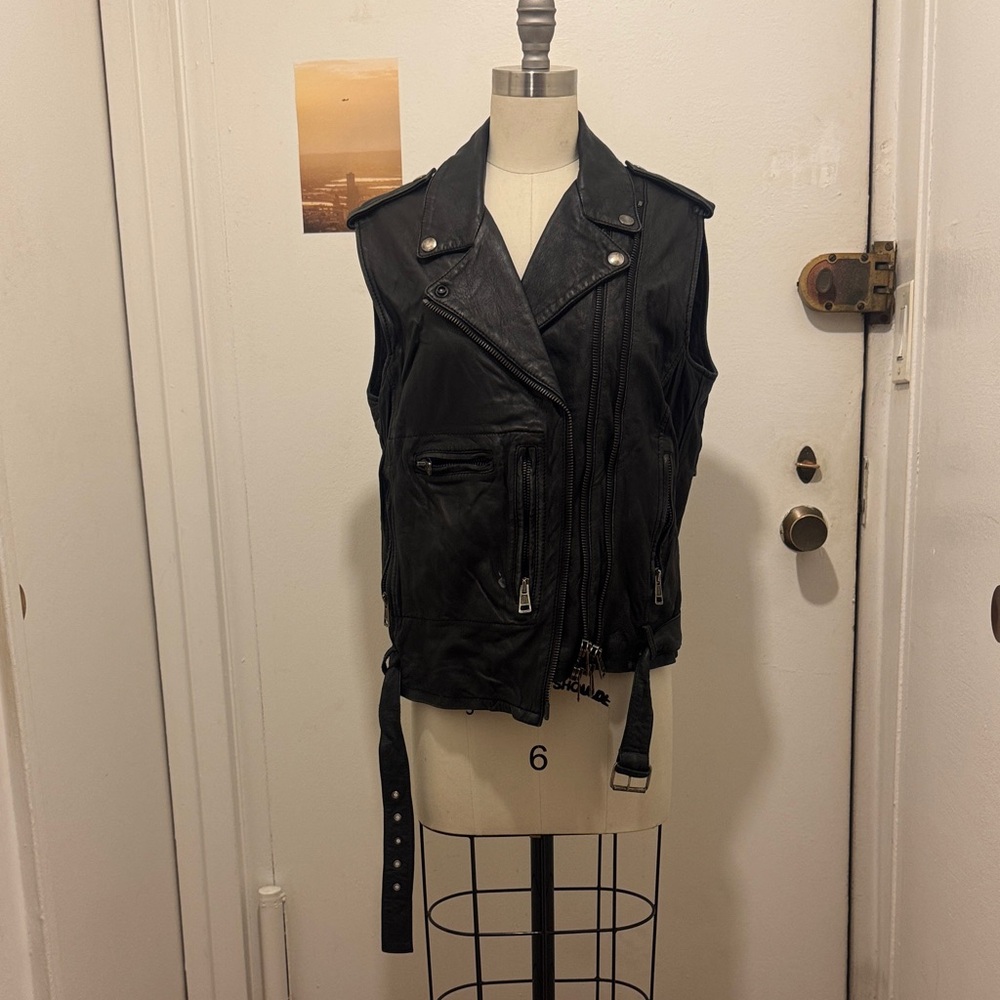 R13 Black Leather Moto Vest with Asymmetric Zip